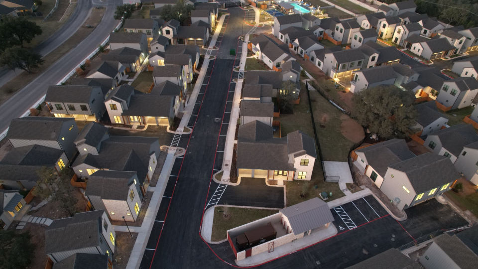 Aerial view of parcHAUS at Mustang Drive's rental home community